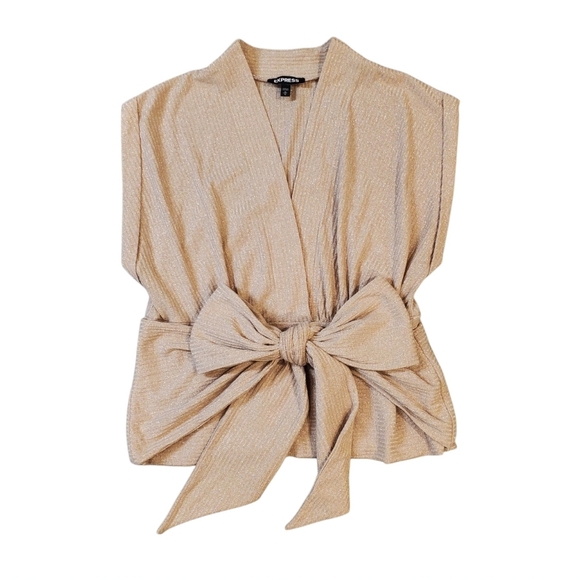 Express Beige Metallic Ribbed Faux Wrap Tie Front Top Size Medium - Picture 9 of 13